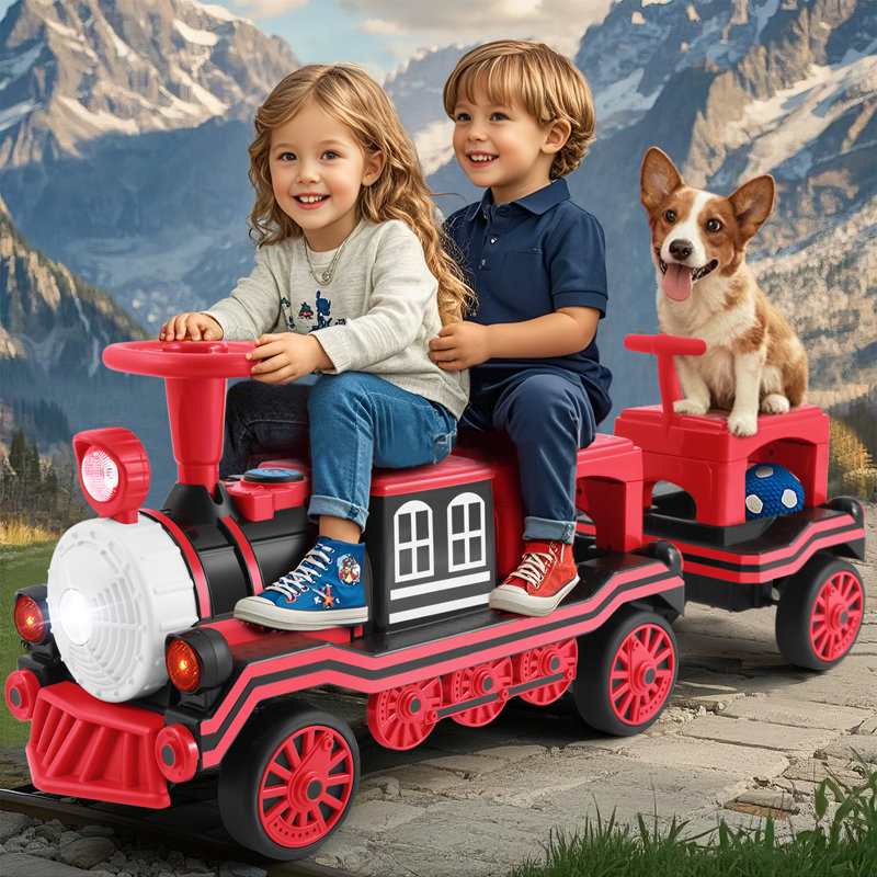 12v Kids Ride On Train With Train Honk and Storage, 2 Seating Electric Ride On Car with Chariot amovible, Rouge