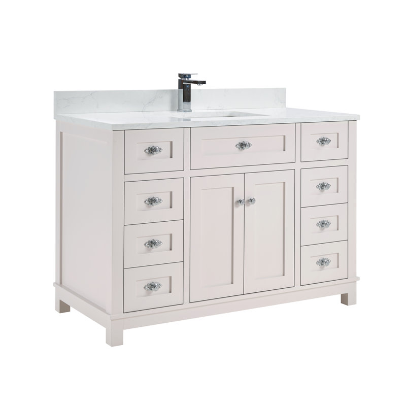 48" Solid Wood Sink Vanity With 1' Artificial Stone Top, Dreamy White, Polished Chrome