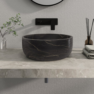 16" Stone Zen Bathroom Sink Solid Surface Round Vessel Basin Artistic Style Sink In Black Travertine Veining