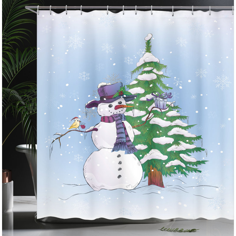 Rideau de douche simple noël bonhomme de neige et arbre, H 84 po x l 69 po