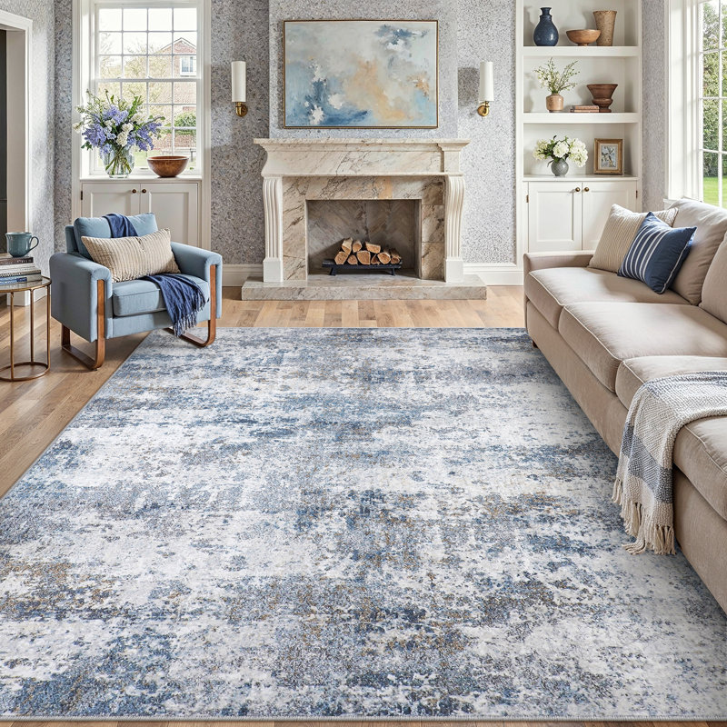 Tapis abstrait lavable à la machine avec envers antidérapant Elroy, 0.35", Blue, Rectangle 9 pi x 12 pi