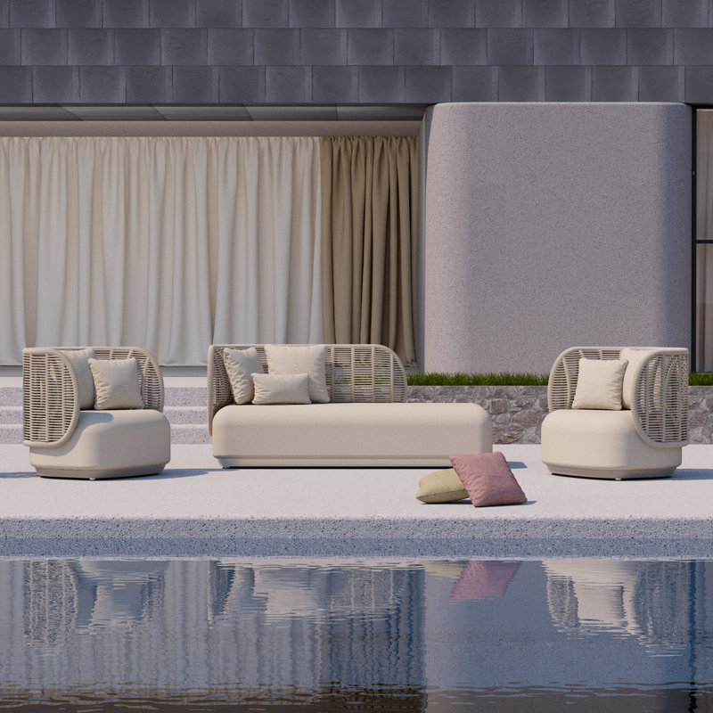 3 Pieces Outdoor Patio Furniture Set Modern Conversation Sofa Set Outdoor Aluminum Sofas Woven Rope Couch,Beige