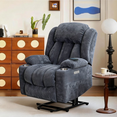 Fauteuil inclinable électrique Roxy avec chauffage et massage, revêtement en chenille bleue, télécommande, porte-gobelets et rangement latéral