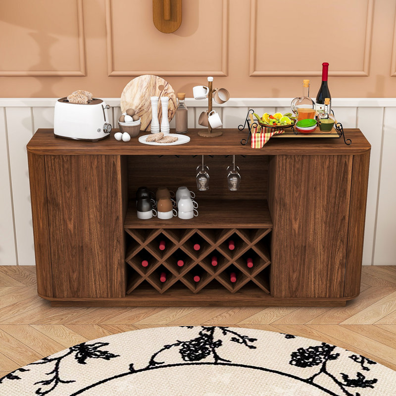 Stylish Wave-Design Sideboard Buffet Cabinet with Wine Rack, Open Storage and Adjustable Shelves