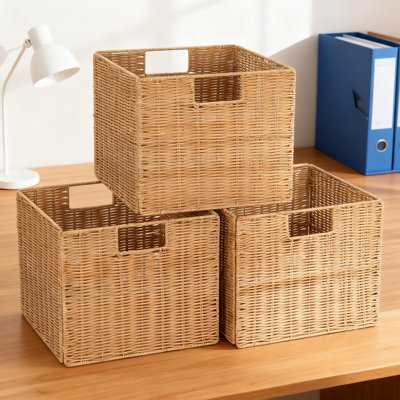 Storage Baskets 3-Pack, Handwoven Plastic Wicker Organizer Bins With Handles For Shelves, Pantry, Bedroom, Bathroom And Living Room