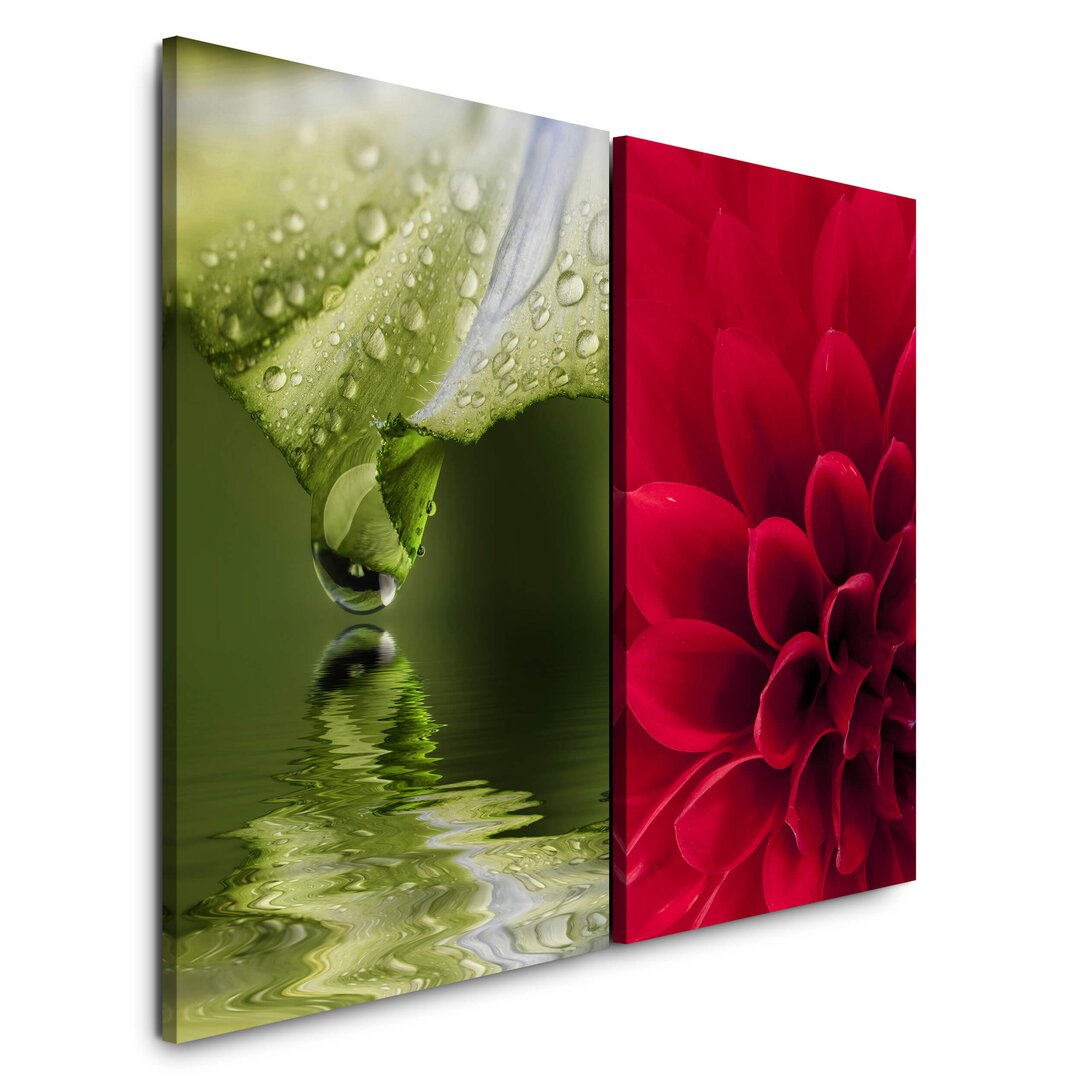 2-tlg. Leinwandbilder-Set - Fotografie „Dahlia Orchid Green Red Flower Drops Water Surface Refreshing”