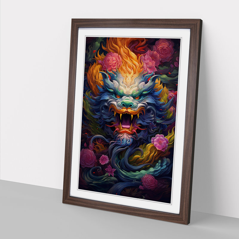 Chinese Dragon Colour Field - Single Picture Frame Print on Wood, Walnut Framed, 34cm H x 25cm W x 2cm D