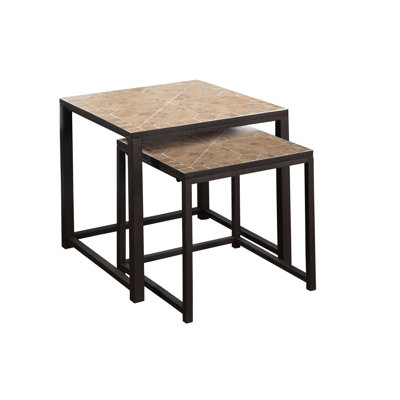 Nesting Tables Of 2, Metal Accent For Spaces, Brown Tile Tops, Base Aspect, 20X20x20 Inch & 16X16x17 Attribute,