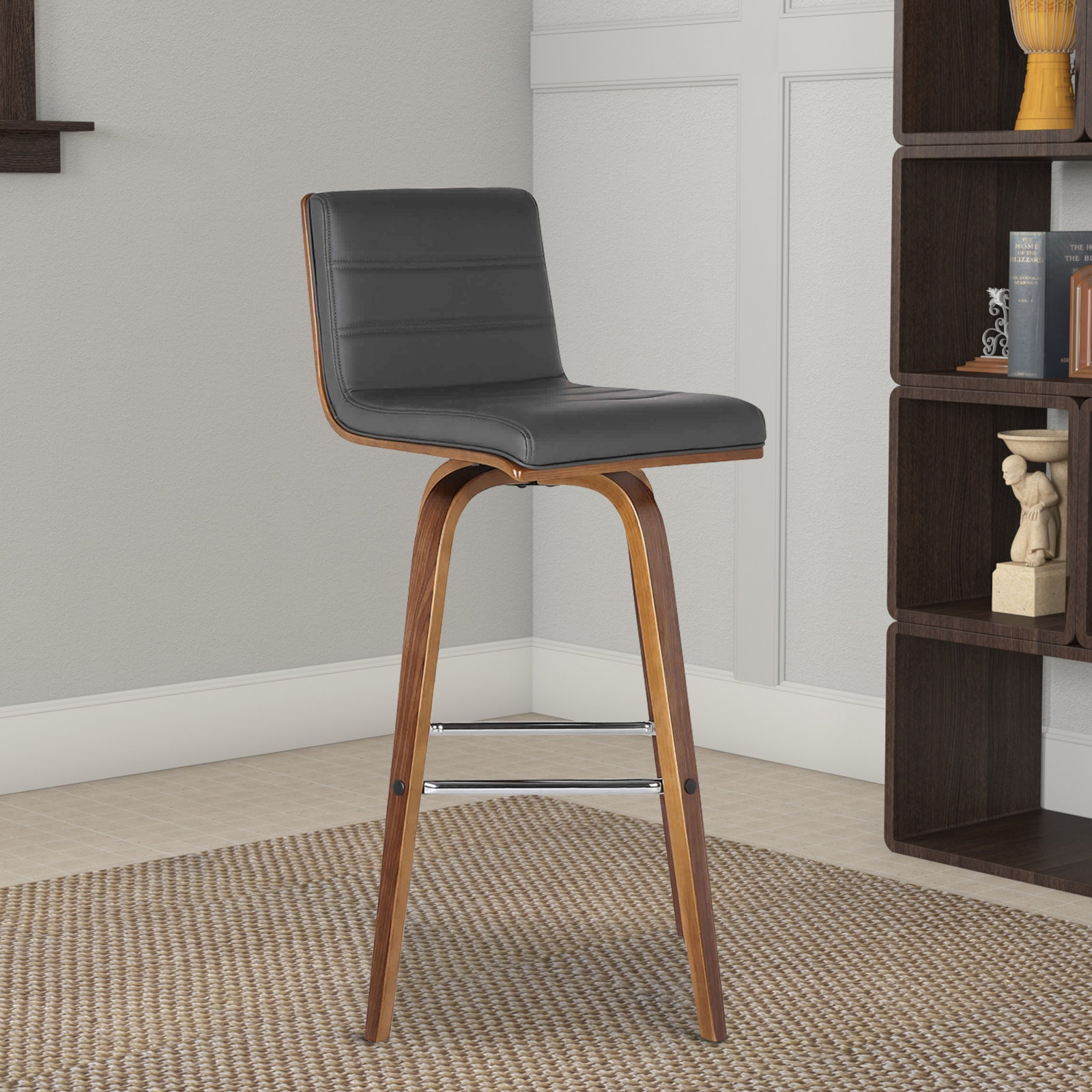 Biance Swivel Bar and Counter Stool, Gray Faux Leather, Counter Stool (26" Seat Height), Walnut
