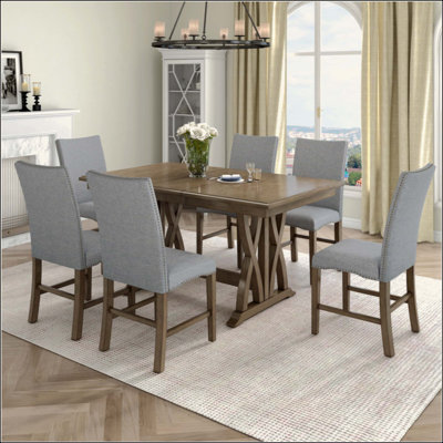 Ensemble de table de salle à manger Mid-Century en bois massif 7 pièces avec tables rembourrées et rallonge