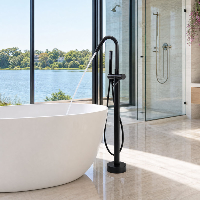 Robinet de baignoire autoportant à fixation au sol à poignée simple 45,28 po Modern, Matte Black