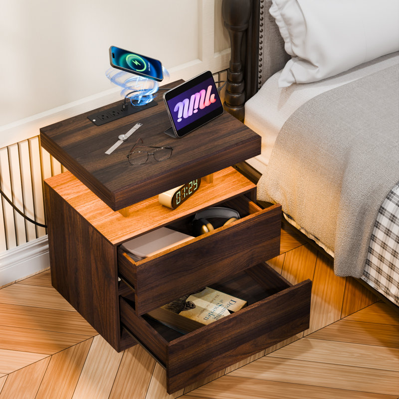 Modern Nightstand With Wireless Charging Station And LED Light ( Set Of 2 ), Walnut