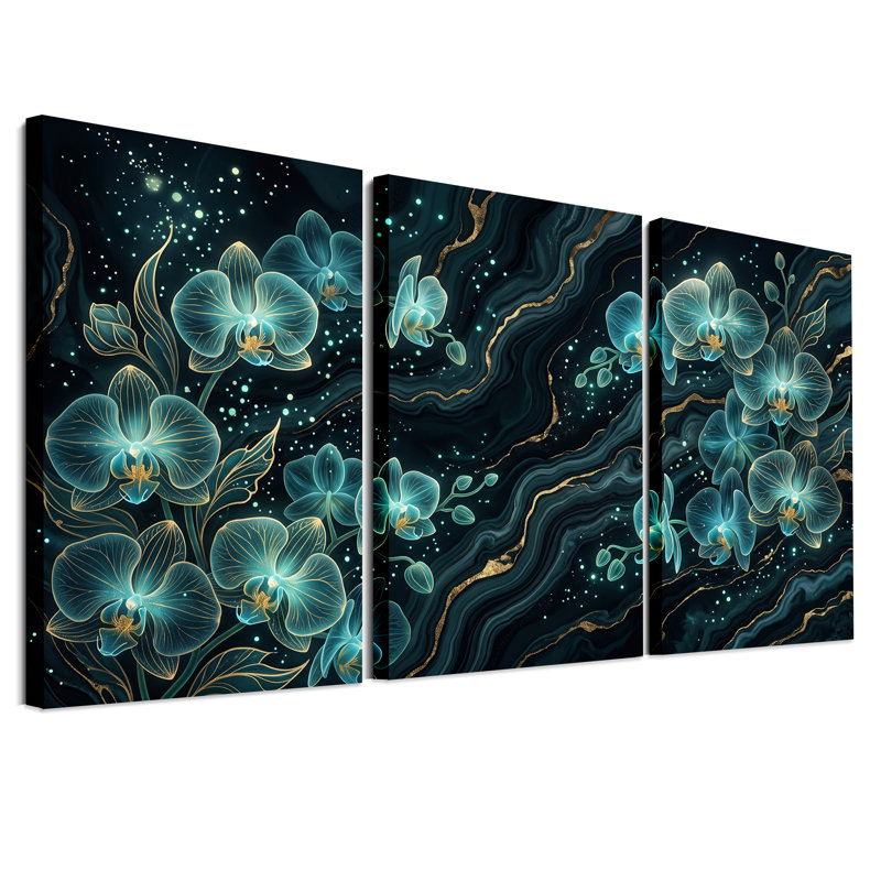 Orchidées bleues sur fond de marbre foncé veines dorées, ensemble de 3 toiles, 24"H x 16"W x 3pcs