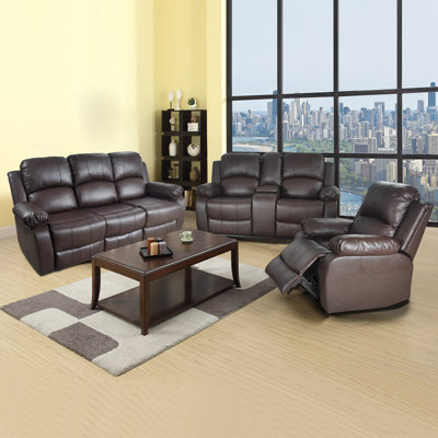 Ensemble de canapé inclinable 3 pièces brun semi-PU et PVC avec rangement et table basse réversible