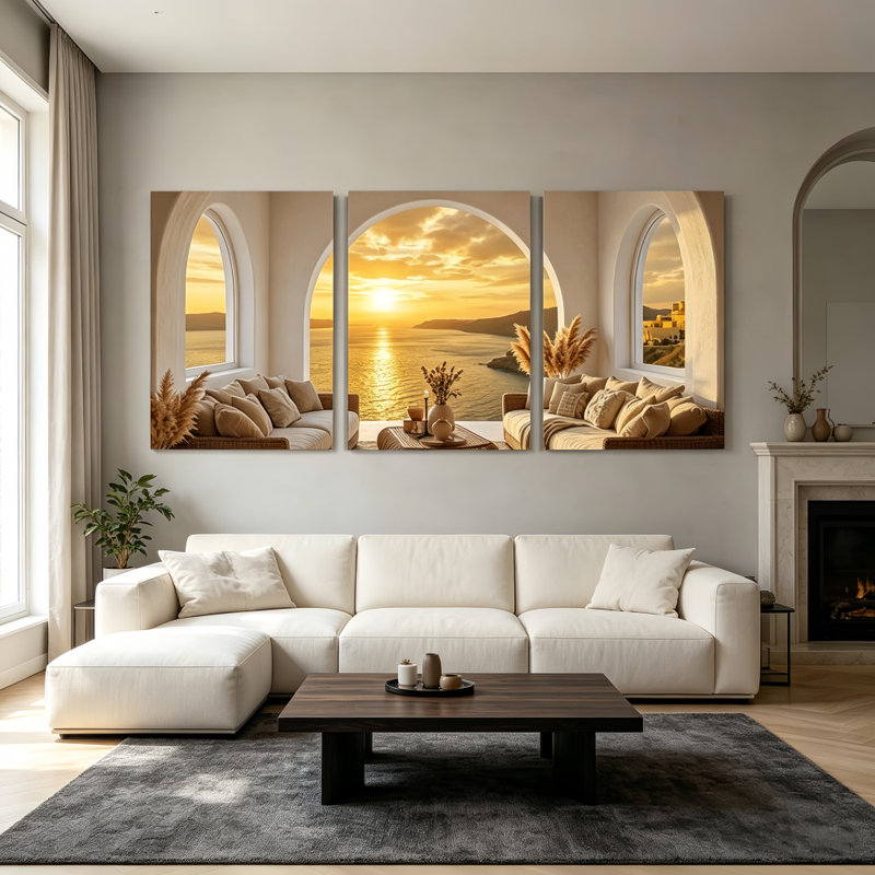 «Boho Neutral Arch Sunset Ocean Landscape», ensemble de 3 reproductions d'art sur toile, H 16 po x l 36 po