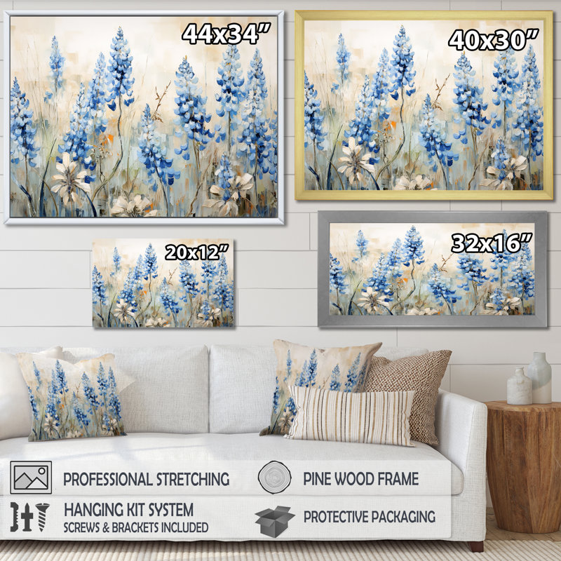 «Elegant Blue Bonnets Meadow III», reproduction d'art sur toile, H 24 po x l 32 po x P 1 po, Naturel