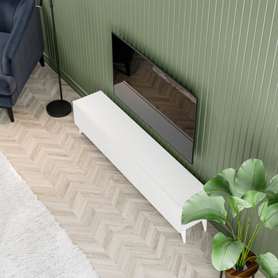 Meuble télé moderne, blanc | Panneau de particules 100% mélaminé, conception murale avec nombreuses tablettes | Solution de rangement élégante et fonctionnelle pour le salon et les espaces de divertissement