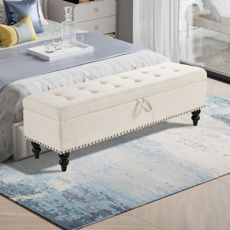 Banc capitonné de rangement en mélange de lin 59 po Cayser, Beige
