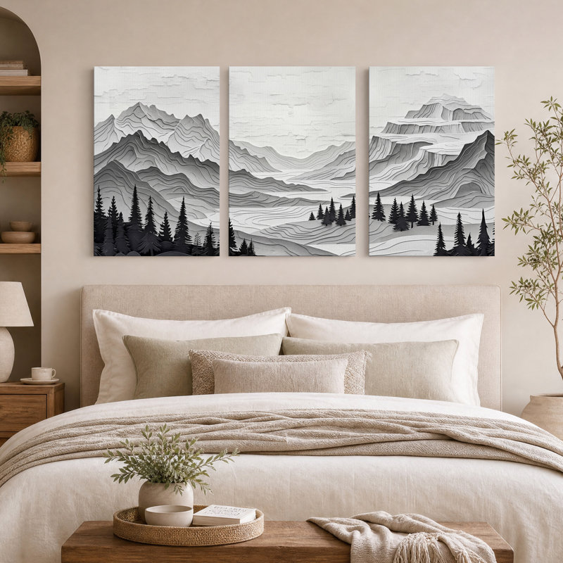 Ensemble de 3 toiles murales représentant des paysages de montagne en noir et blanc superposés, 24"H x 16"W x 3pcs