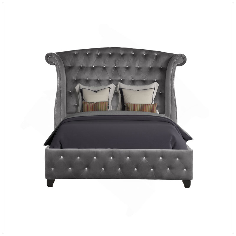 Revêtement de lit moderne en tissu de velours capitonné de style moderne en bois gris