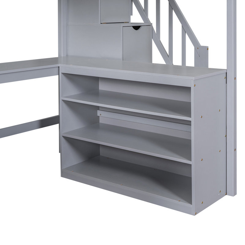 Lit mezzanine double avec escalier de rangement et bureau en L, tablettes à trois niveaux, Gris