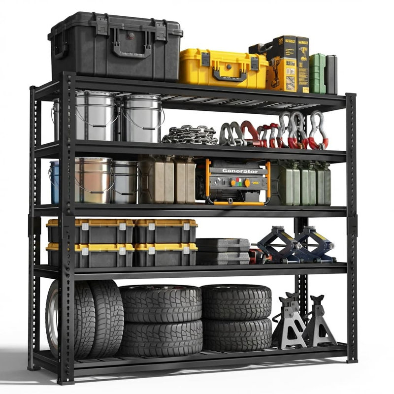 Heavy-Duty 5-Tier Metal Garage Storage Rack, Adjustable Shelving Unit, 48" W x 18" D x 72" H, Black, 72" H x 48" W x 18" D