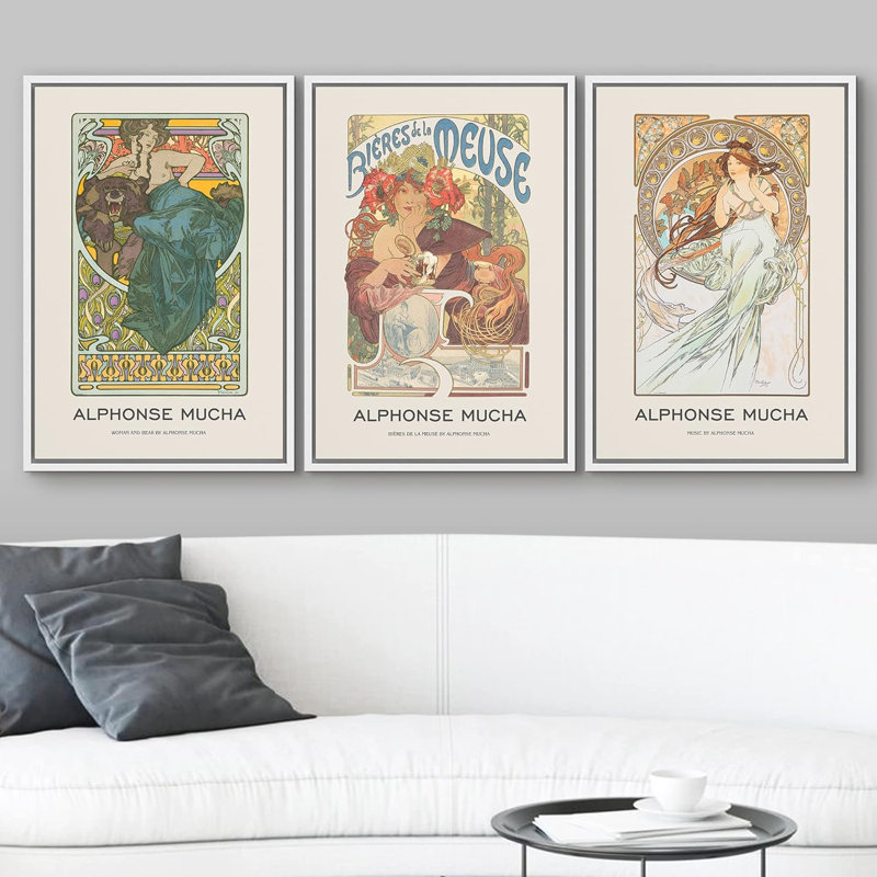 Œuvre classique, motif de fleurs d'Alphonse Mucha, femmes, 3 pièces, H 24 po x l 16 po x P 1,5 po, Cadre en plastique blanc