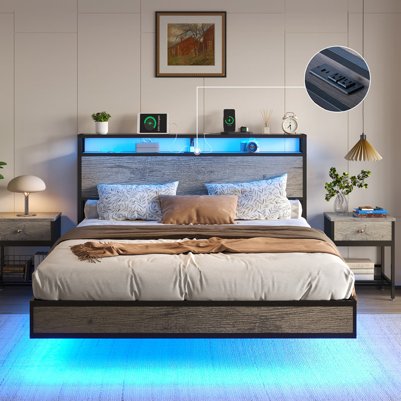 Khemis Floating Bed Frame with LED Lights and  Charging Station, RGB Smart Storage Headboard Platform Bed with Type-C & USB Port