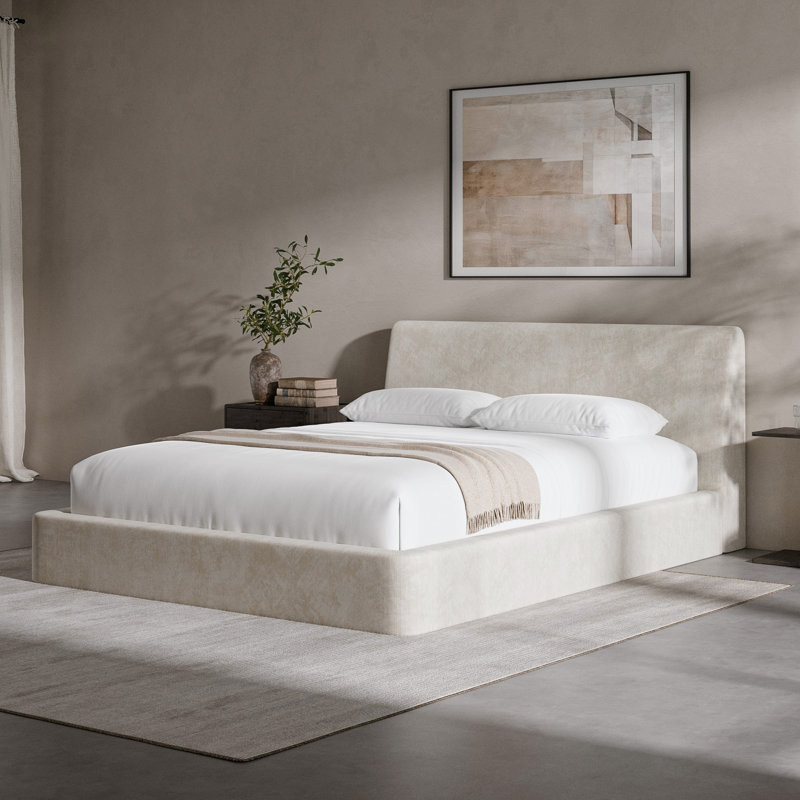  Airframe Queen Bed Frame With Ergonomic Angled Foam Cushioned Headboard, Minimalist Design Platform Bed Frame, No Box Spring Needed, Easy Assembly (Beige)