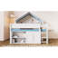 Lit mezzanine double blanc et bleu avec auvent, structure en bois, grand espace de rangement pour équipement de jeu avec toit à baldaquin, construction, accessoires de chambre à coucher-343529459