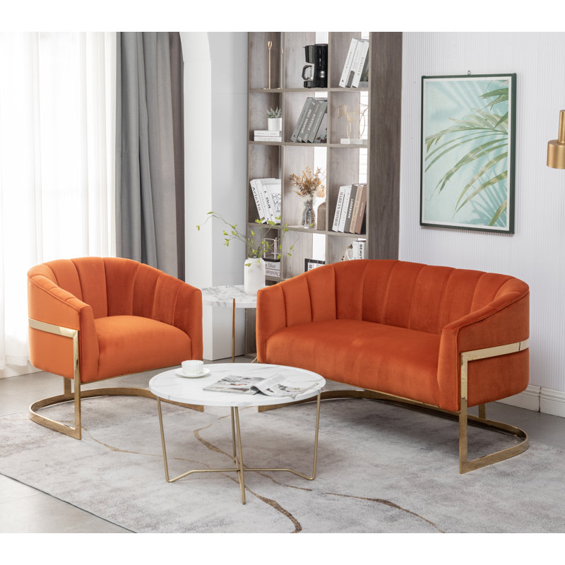 Ensemble de salon en velours 2 pièces Tellico, Velours orange