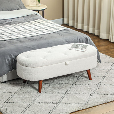 Boucle Storage Ottoman Bench with Wood Legs for Living Room, White