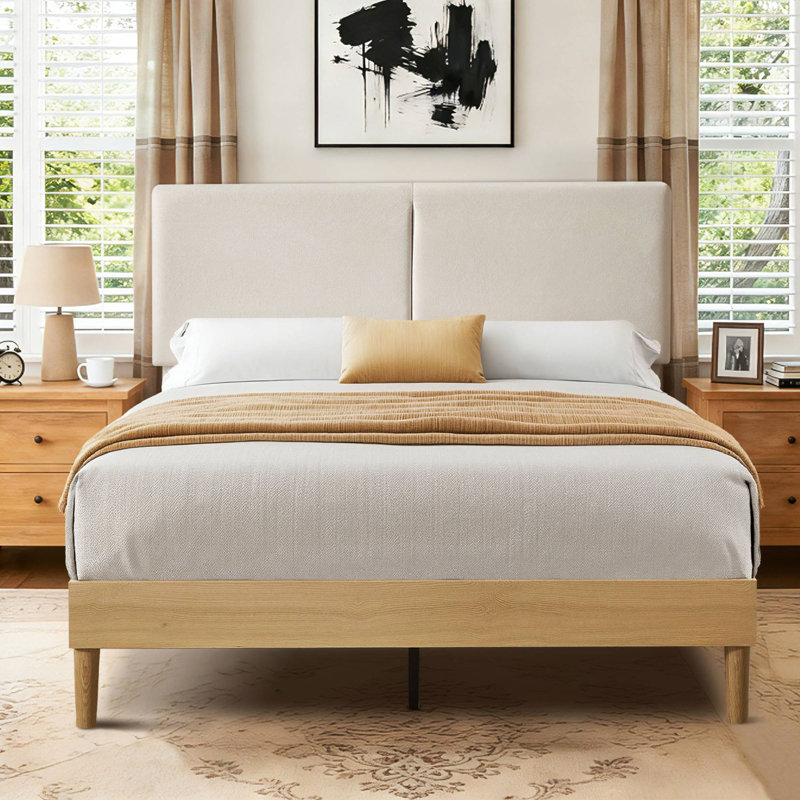 Binnett Upholstered Platform Bed with Natural Wood Frame Mid-Century Modern Adjustable Headboard, No Box Spring Needed, Silent Wood Slat Support Queen Bed Frame