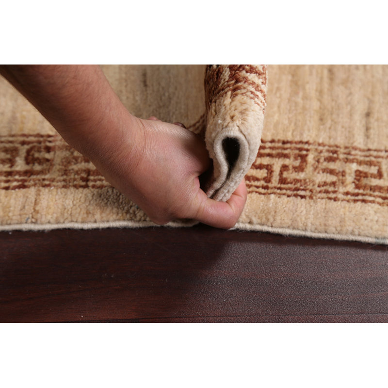 Tapis beige en laine noué à la main de conception unique 4 pi 2 po x 6 pi 1 po New Age