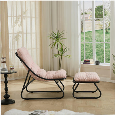 Méridienne d'extérieur pour patio avec repose-pieds, fauteuil inclinable confortable avec coussin gonflable et repose-pieds, idéale pour le salon, la chambre à coucher, la salle de lecture, structure noire avec coussin rose