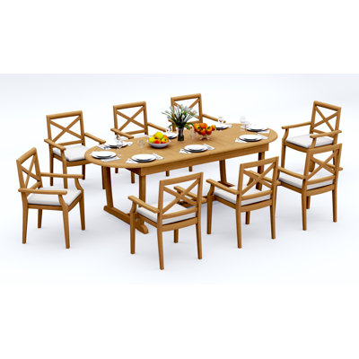 Ensemble de salle à manger 7 pièces en bois de teck de qualité A: table de 94 po à pieds tréteaux Mas et 6 chaises empilables Damarrea # 11GR2306