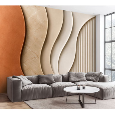Papier peint adhésif mural abstrait à panneaux ondulés architecturaux ondulés tons neutres de pierre beige, papier autocollant amovible pour décoration murale de salon H 69 po x l 96 po