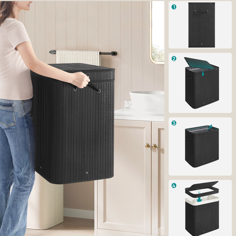 Bamboo Laundry Basket, 24" H x 24.6" W x 16.3" D, Black