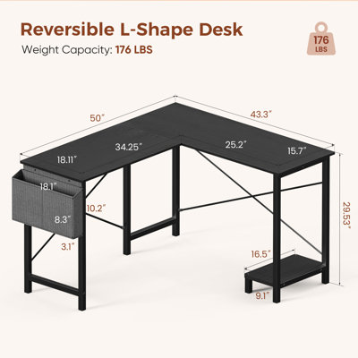 Bureau de coin en L de 127 cm avec sac de rangement et tablette, et chaise de bureau sans accoudoirs en cuir PU : ensemble de bureau complet pour le travail à domicile