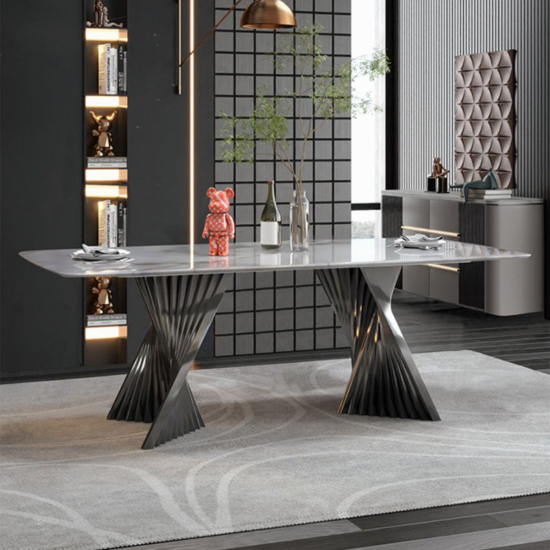 Light Grey Rectangular Sintered Stone Tabletop Dining Table, 29.53"H x 70.87"L x 35.43"W