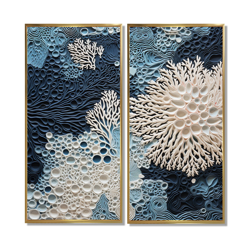 Collage sous l'eau et coraux bleus et blancs - Grandes impressions sur toile 2 pièces, H 40 po x l 40 po, Doré