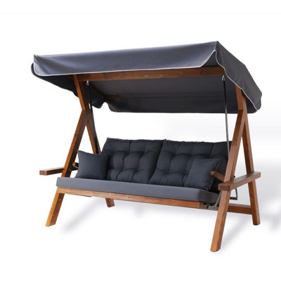 Premium Garden Triple Swing Chair, Anthracite, 89.8 x 74.8 x 53.1 inches | 100% Pine Wood Frame, 100% EtisilK Fabric | Waterproof, UV Resistant, Easy Clean | 5-Level Adjustable Backrest, Supports Up to 882 lbs