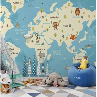 Ramas Blue Kids World Map Cartoon Animals Wall Mural -  Isabelle & Maxâ¢, 03D6CCBFBAB64FBC824E8DF22AD599AE