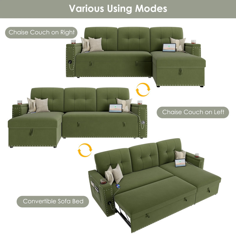 Canapé-lit modulaire avec méridienne réversible avec rangement et port de charge USB, vert velours, Velours vert