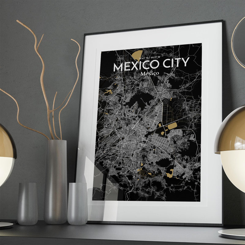 «Mexico City Map», impression, H 36 po x l 24 po, Noir et or