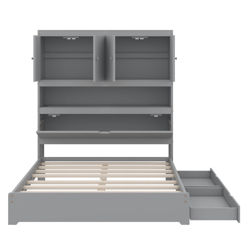 Full-Size Timber Platform Bed, Features Built-In USB Ports, Storage Headboard, And Underbed Drawers, Grey