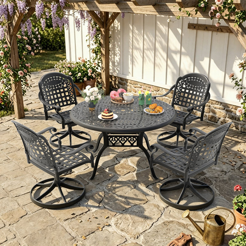 Ensemble de salle à manger d'extérieur rond 5 pièces de 122 cm (48,03 po) avec trou pour parasol, 4 chaises pivotantes avec coussins bleus