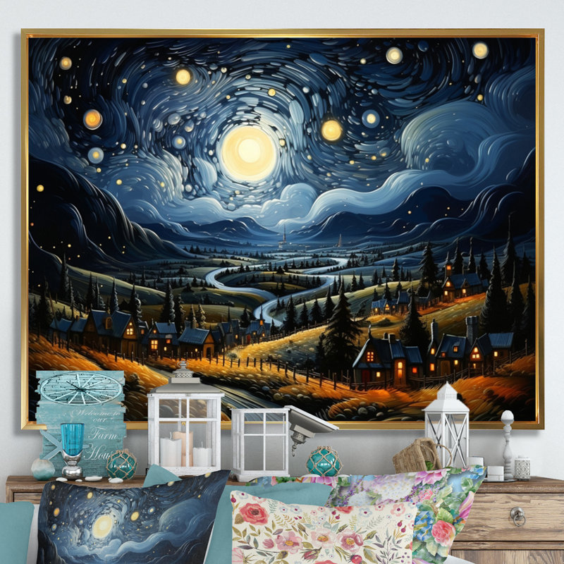 «Countryside Starry Countryside Night I» sur toile, H 34 po x l 44 po x P 1,5 po, Cadre flottant doré
