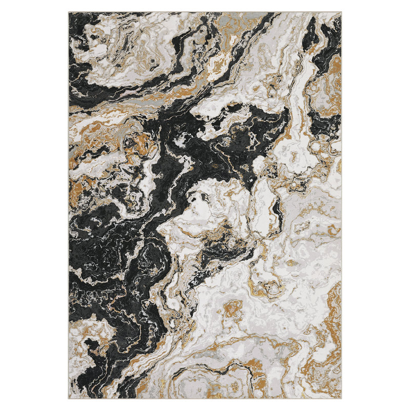 5'x7' Washable Abstract Marble Rug, Non-Slip Foldable Indoor Carpet for Bedroom Living Room Dorm, Black, Black