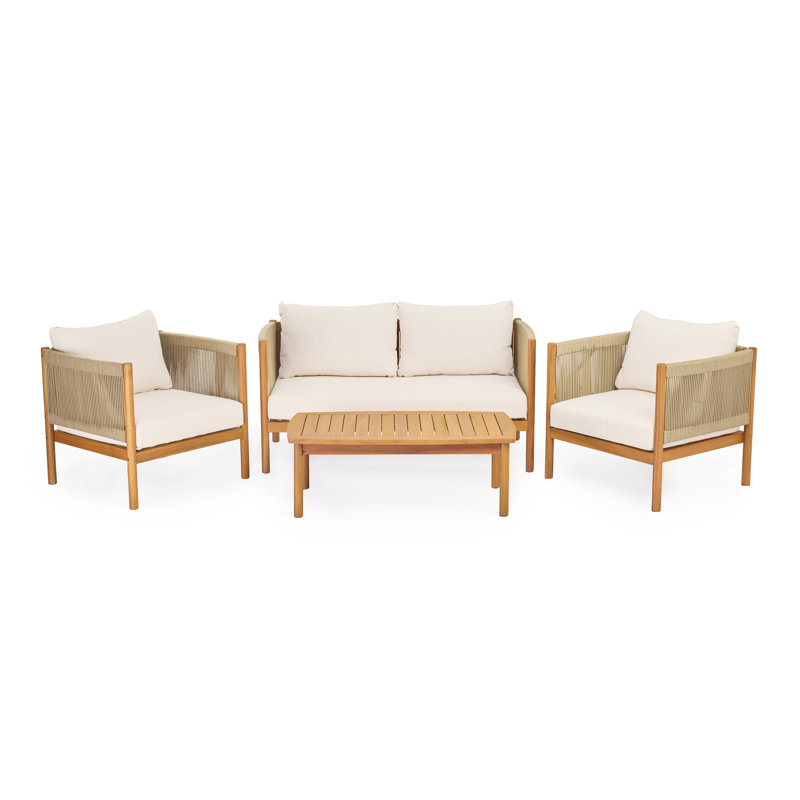 Ensemble de conversation de patio 4 pièces avec cadre en bois d'acacia, finition teck et sièges décoratifs en corde beige